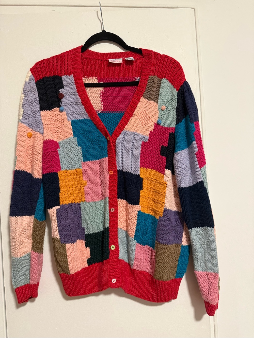 Avon Fashions Patchwork Multicolor V-Neck Cardigan Sweater - Red Trim